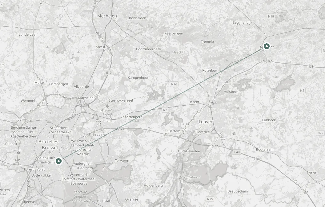 Map of the region between Brussels and Aarschot. Two points marked and connected: the head office in Brussels to the south-west, the workshop in Aarschot to the north-east, about 35 kilometres away.