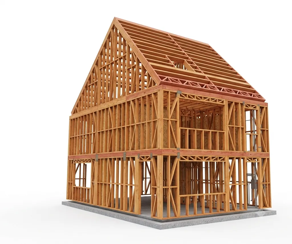 3D model from the Digital Twin: complete timber frame of a house — studs, joists and roof trusses assembled on a concrete slab
